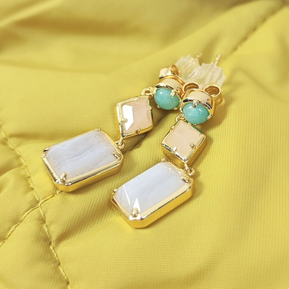 NEW! Triple Semi Precious Stone Earrings Sterling Silver Turquoise Quartz Agate